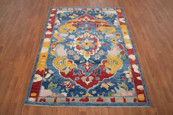 Handmade Blue Floral Oushak Vegetable Dye Rug 5x7