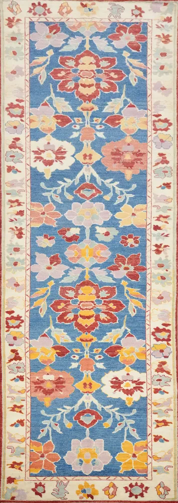 Vegetable Dye Oushak Blue Floral Runner Rug 5x19