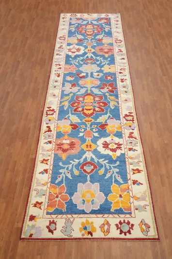 Vegetable Dye Oushak Blue Floral Runner Rug 5x19