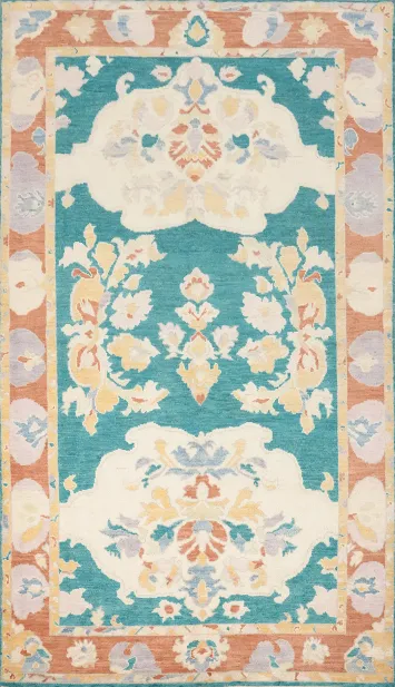 Floral Green Oushak Vegetable Dye Area Rug 5x9