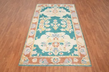 Floral Green Oushak Vegetable Dye Area Rug 5x9