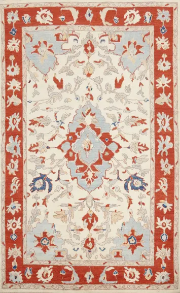 Ivory Wool Floral Oushak Vegetable Dye Area Rug 6x9