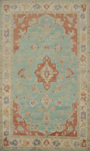 Turquoise Wool Oushak Vegetable Dye Area Rug 5x8