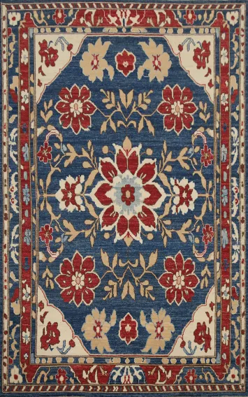 Blue Floral Oushak Vegetable Dye Area Rug 6x9