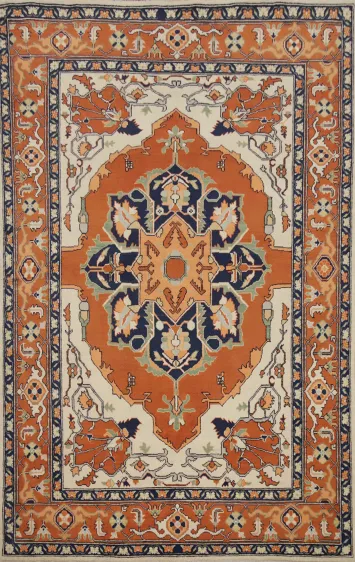 Orange Wool Heriz Serapi Vegetable Dye Area Rug 6x8