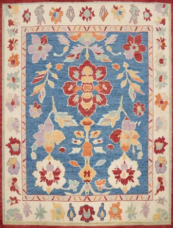 Blue Floral Square Oushak Vegetable Dye Area Rug 8x8