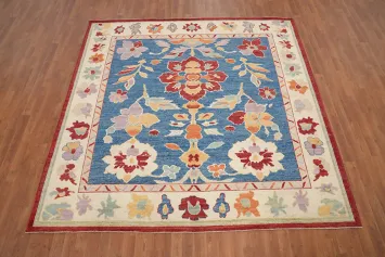 Blue Floral Square Oushak Vegetable Dye Area Rug 8x8