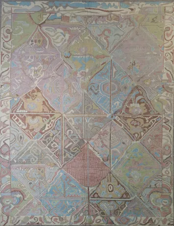 Pastel Geometric Oushak Turkish Rug with Vegetable Dye Colors 10x13 ft