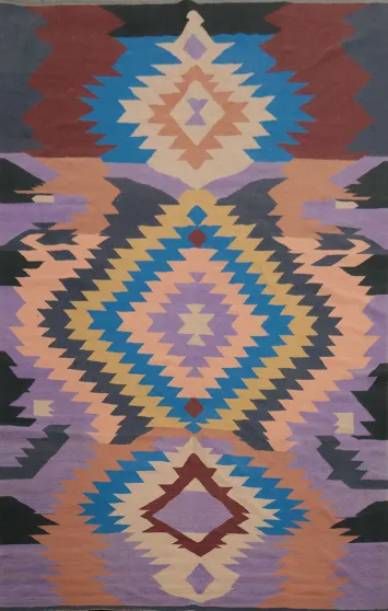 Vibrant Geometric Wool Kilim Large Area Rug 9x13