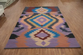 Vibrant Geometric Wool Kilim Large Area Rug 9x13