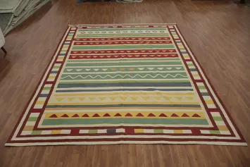 Eclectic Design Kilim Area Rug 10x13 with Intricate Geometric Patterns