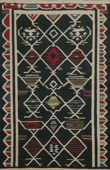 Black Geometric Kilim Wool Area Rug 8x11