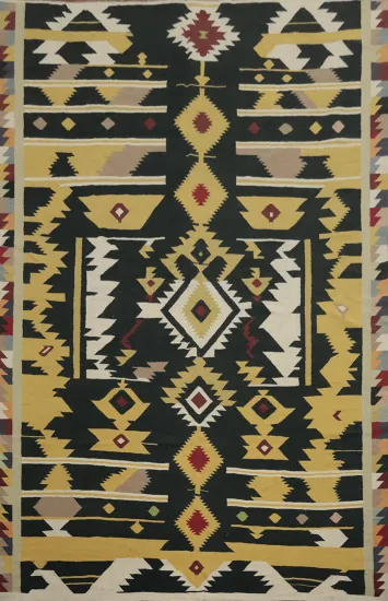 Handwoven Black Kilim Large Rug 10x15 with Dynamic Yellow Accents