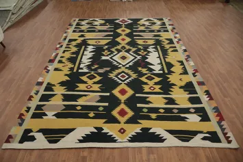 Handwoven Black Kilim Large Rug 10x15 with Dynamic Yellow Accents