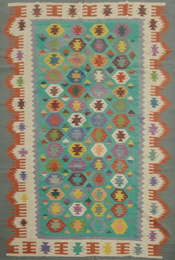 Vibrant Handwoven Kilim Area Rug 9x12 with Geometric Patterns