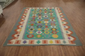Vibrant Handwoven Kilim Area Rug 9x12 with Geometric Patterns
