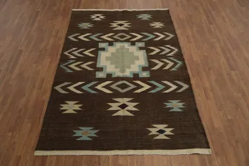 Brown Geometric Kilim Turkish Area Rug 6x8