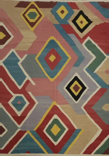 Modern Kilim Area Rug 9x11 with Colorful Diamond Design