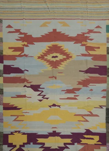 Warm Toned Kilim Area Rug 8x10 Featuring Bold Geometric Shapes