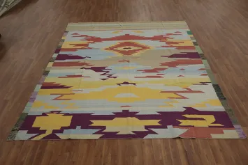 Warm Toned Kilim Area Rug 8x10 Featuring Bold Geometric Shapes