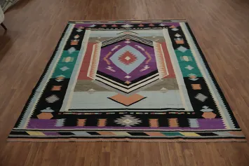 Eye-Catching Wool Kilim Area Rug 8x10 with Rich Contrasting Colors
