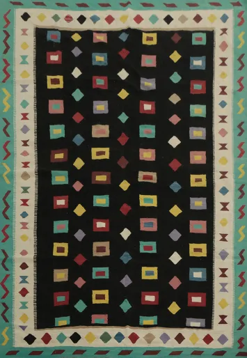Black Geometric Wool Kilim Turkish Area Rug 9x12