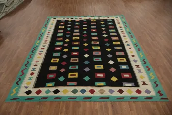 Black Geometric Wool Kilim Turkish Area Rug 9x12
