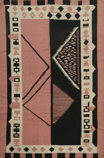 Bold Black & Pink Kilim Area Rug 9x12 with Intricate Border Designs