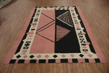 Bold Black & Pink Kilim Area Rug 9x12 with Intricate Border Designs