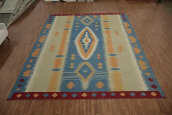 Elegant Tribal Kilim Large Rug 12x15 in Earth Tones and Blue