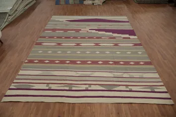 Earth Tones Wool Kilim Large Area Rug 10x14 in Rustic Design