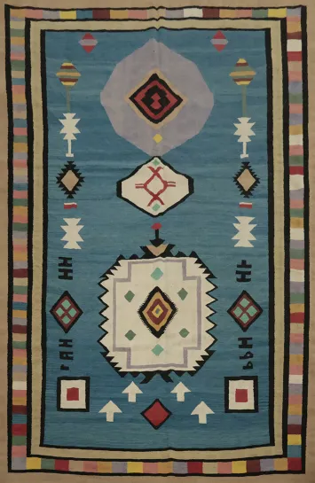 Blue Geometric Kilim Turkish Area Rug 9x12