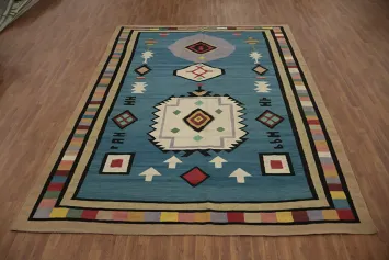 Blue Geometric Kilim Turkish Area Rug 9x12