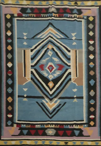 Blue Geometric Kilim Wool Area Rug 8x10