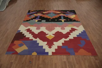 Vibrant Wool Kilim Area Rug 8x10 Bold Abstract Patterns