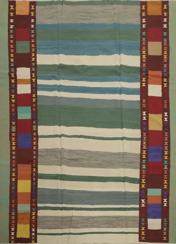 Charming Striped Kilim Area Rug 8x10 with Colorful Geometric Border