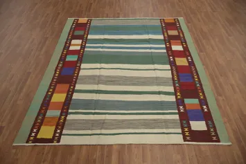 Charming Striped Kilim Area Rug 8x10 with Colorful Geometric Border