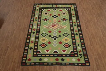 Lime Green Kilim Area Rug 8x13 with Dynamic Tribal Motifs