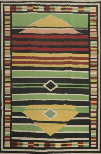 Handcrafted Kilim Area Rug 9x12 in Rich Layered Stripes