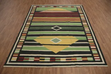 Handcrafted Kilim Area Rug 9x12 in Rich Layered Stripes