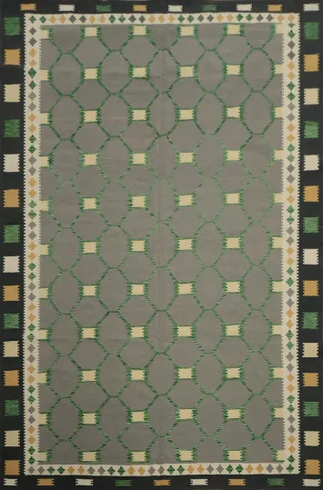 Elegant Gray Geometric Wool Kilim Area Rug 8x11