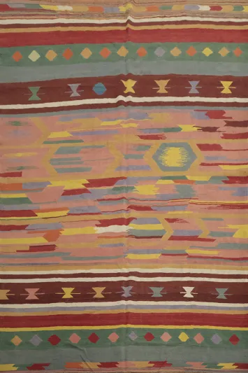 Kilim Large Area Rug 9x12 with Geometric Patterns and Colors
