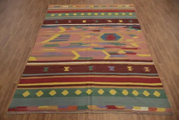 Bold Patterned Kilim Area Rug 9x12 with Multicolored Tribal Accents
