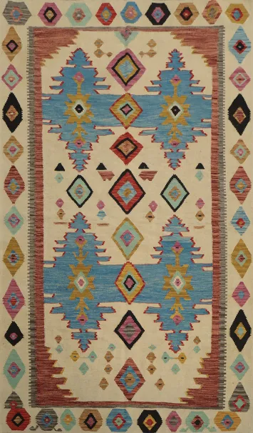 Tribal Geometric Design Wool Kilim Area Rug 5x8