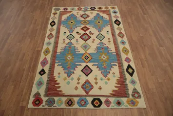 Tribal Geometric Design Wool Kilim Area Rug 5x8
