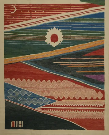 Modern Artistic Kilim Area Rug 10x10 in Colorful Shapes and Lines