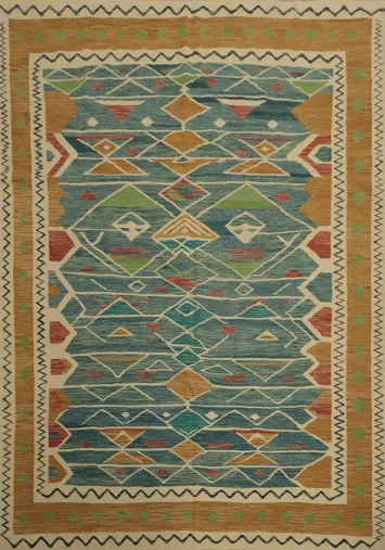 Artisan Blue Kilim Area Rug 8x10 with Rich Earthy Tones