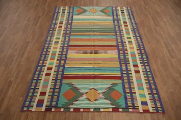 Vibrant Stripes and Geometric Patterns Kilim Area Rug 7x10