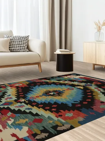 Intricate Artisan Craftsmanship in Colorful Kilim Area Rug 6x8