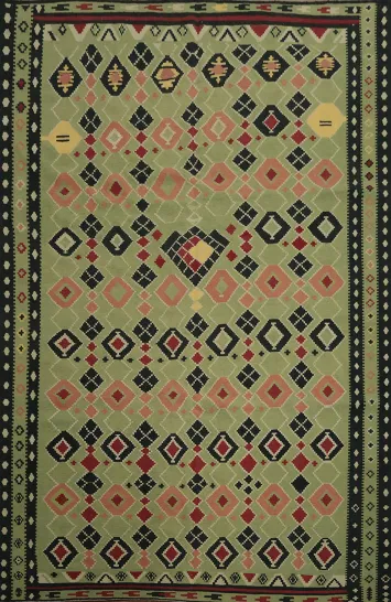 Green Geometric Kilim Turkish Area Rug 8x12